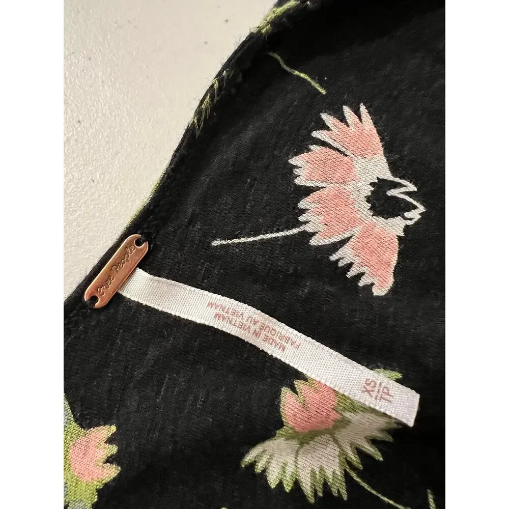 Free People Sleeveless Black Floral Print Tassel Oversized Tank Top Size XS